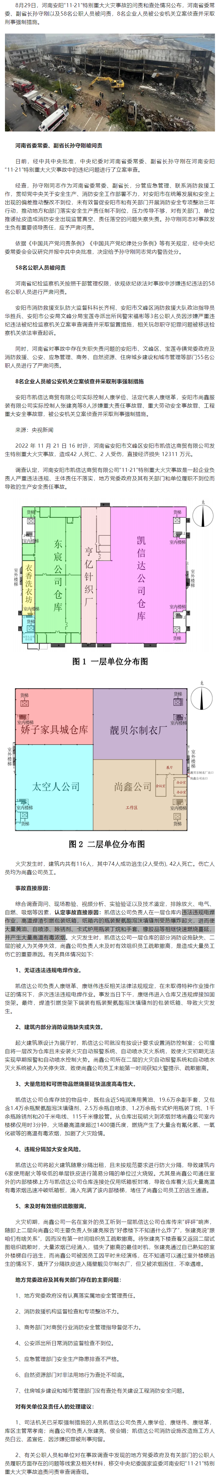 安阳特别重大火灾事故42人死亡，河南省委常委、副省长孙守刚、58名公职人员被问责，8人被立案侦查并采取刑事强制措施